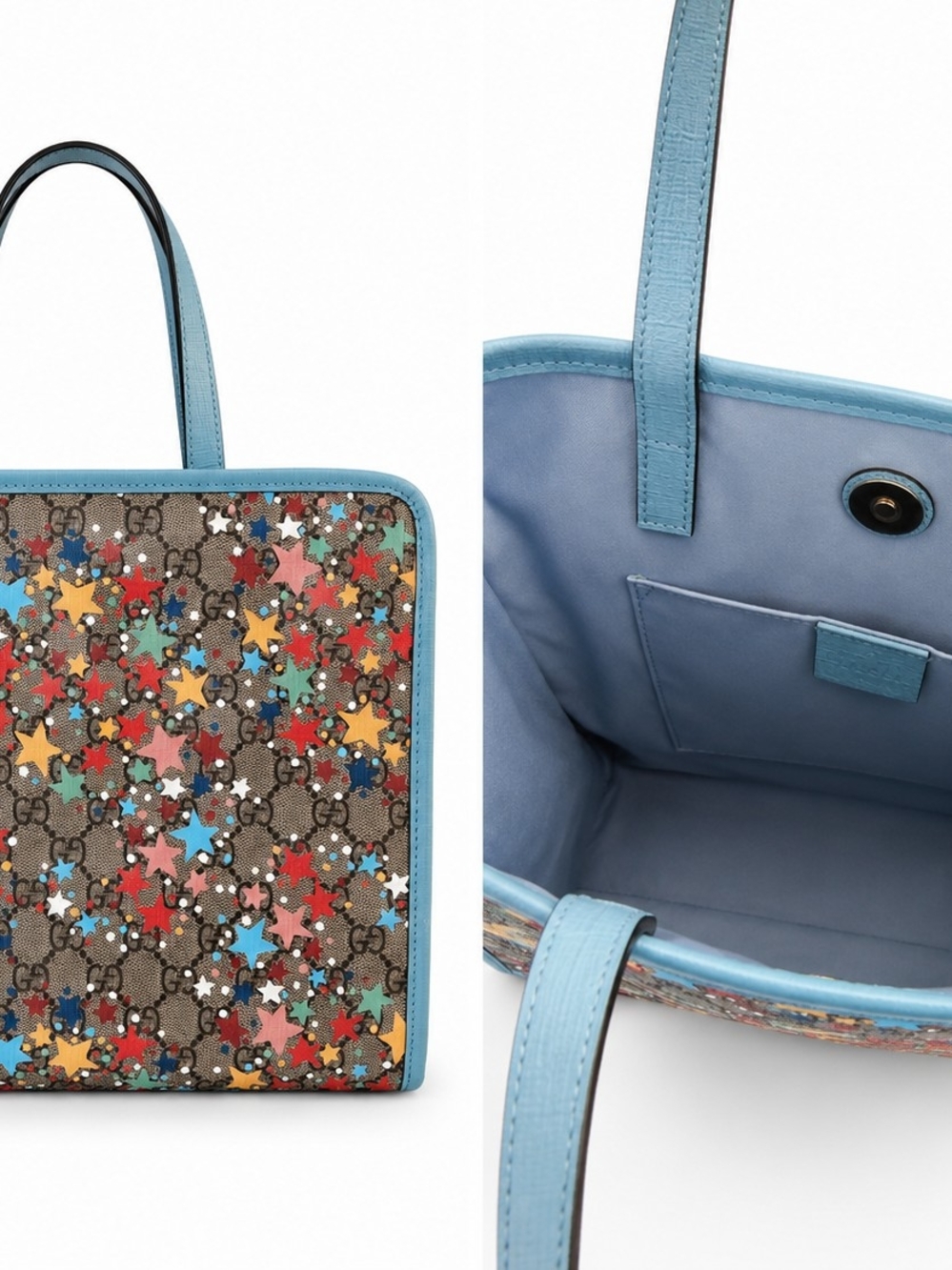 Gucci Multicolor Star GG Canvas Tote with Light Blue Trim
